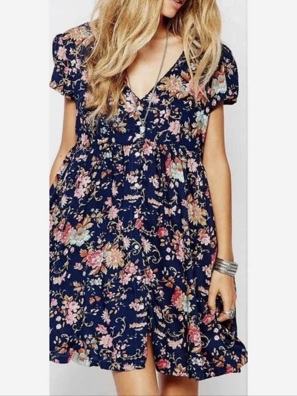 Y2k Denim & Supply Ralph Lauren Blue Floral Button Up Babydoll Dress Size Medium
